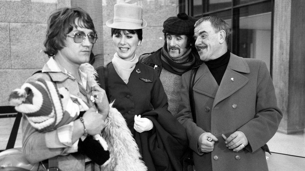 Dewi Pws with some of the other Grand Slam actors, including Sion Probert and Windsor Davies, in the 1978 film Grand Slam 