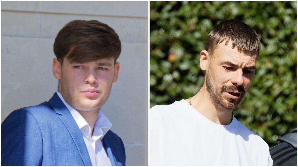 A composite photo showing two men, both outside of court. Jayden on the left is looking past the camera. He has on a blue suit jacket and a white shirt open a the neck His hair is short at the sides and long on top, parted across his forehead. He is clean shaven. Jordan on the right is looking down and had on a white round neck top. he had short brown hair and a stubble beard