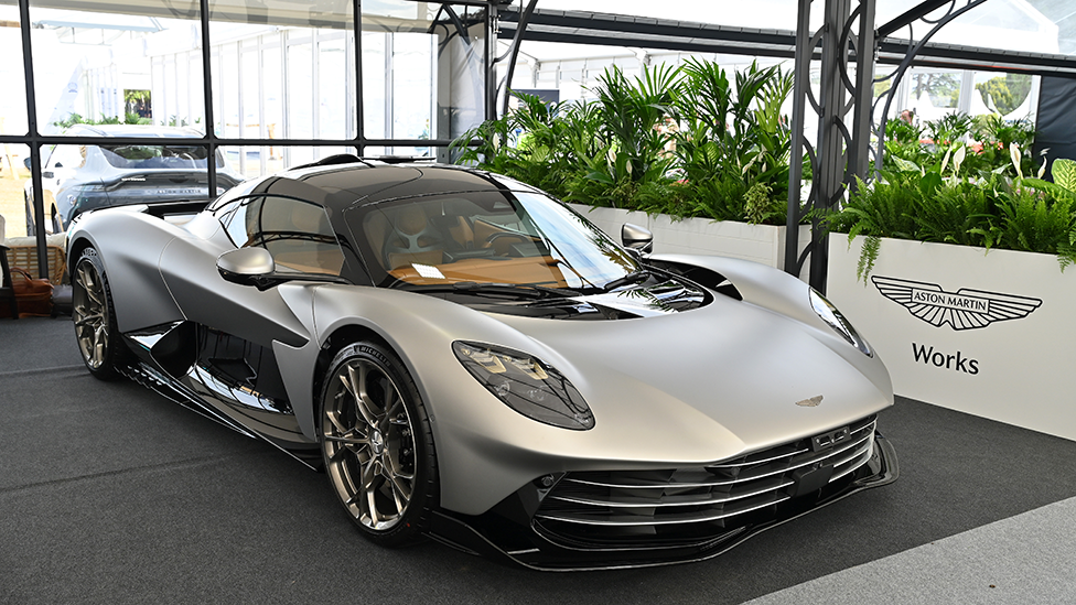 Silver coloured Aston Martin Valhalla supercar on a trade stand with plants in the background