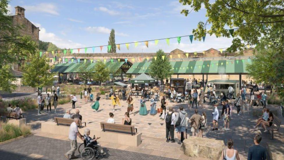 An artist impression showing how the transformed car park might appear as a public space. The open paved area with benches is filled with people walking around with market stalls under a green and yellow awning at the top of the image.