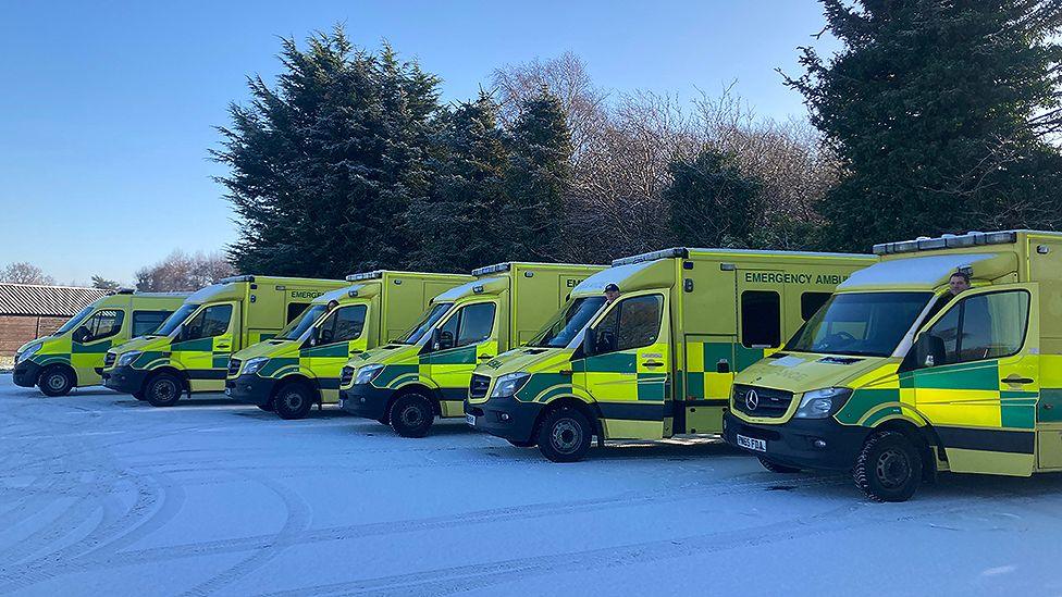 Six ambulances lined up on a snow covered carpark, with a blue sky and trees behind them