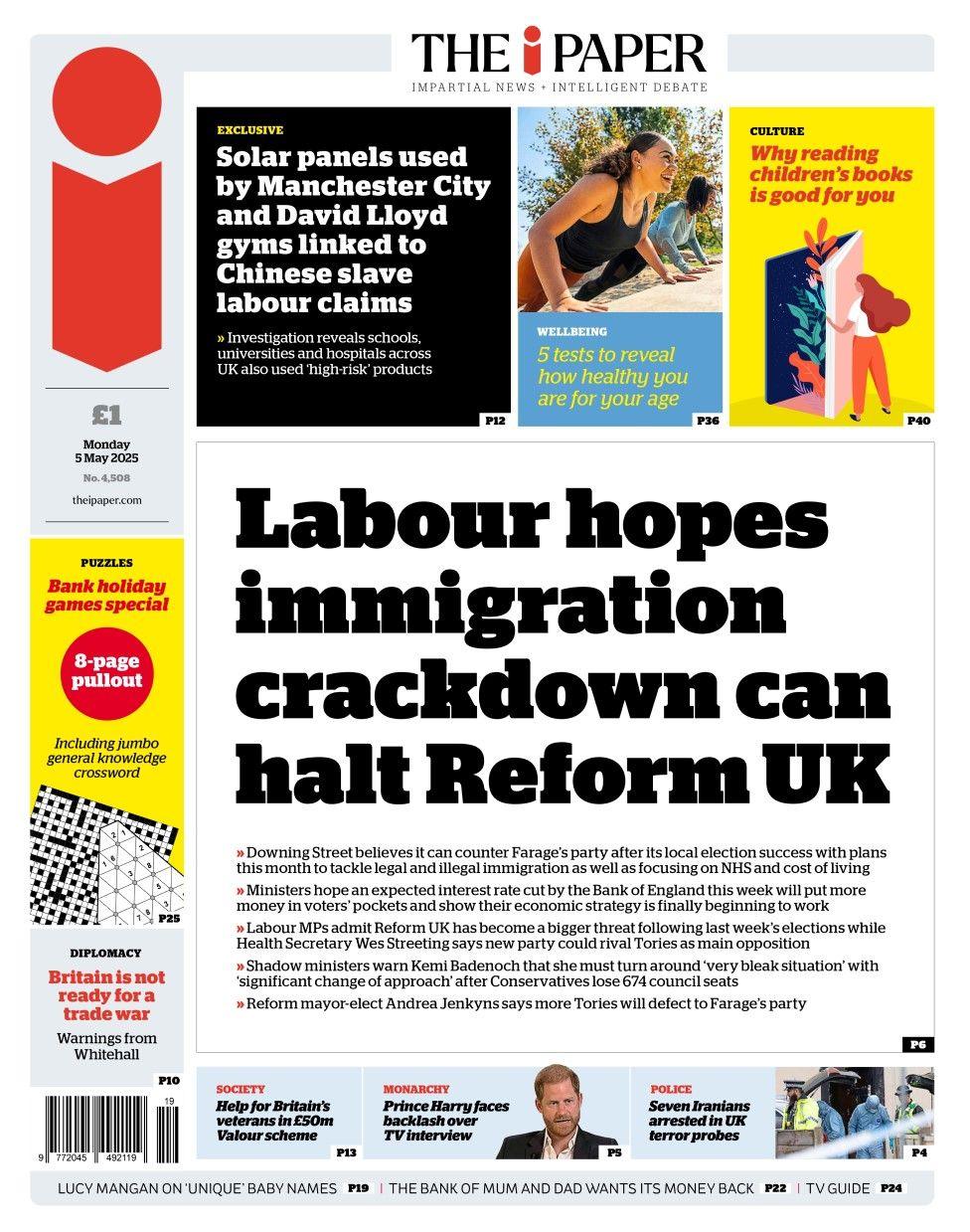 The headline in the i reads: labour hopes immigration crackdown can halt Reform UK