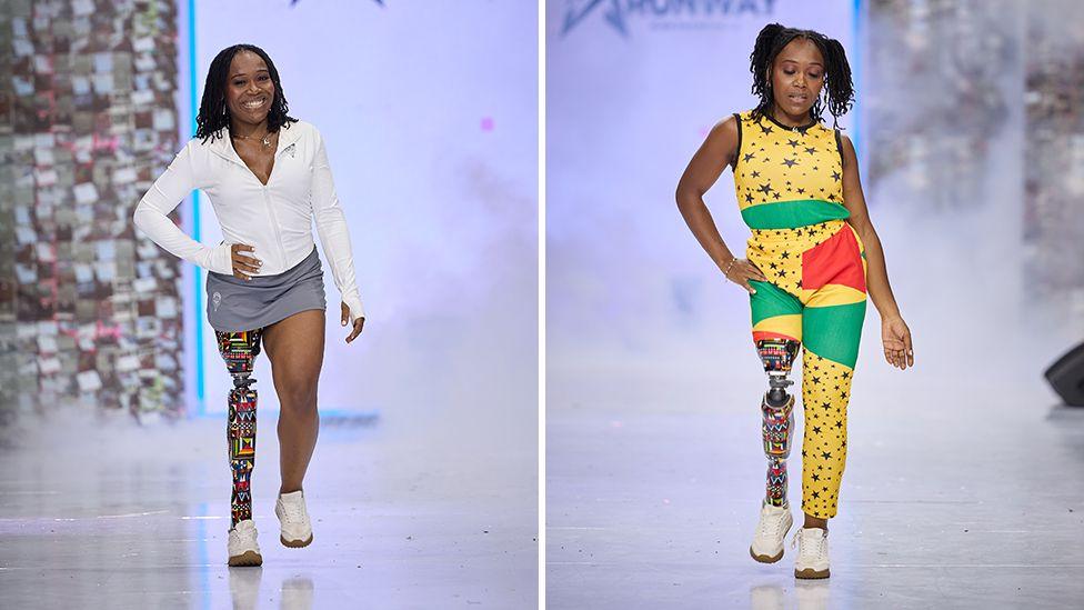 A composite image of two pictures of Abena Christine Jon'el walking down the catwalk. In both, her prosthetic leg covered in a colourful African print is shown.