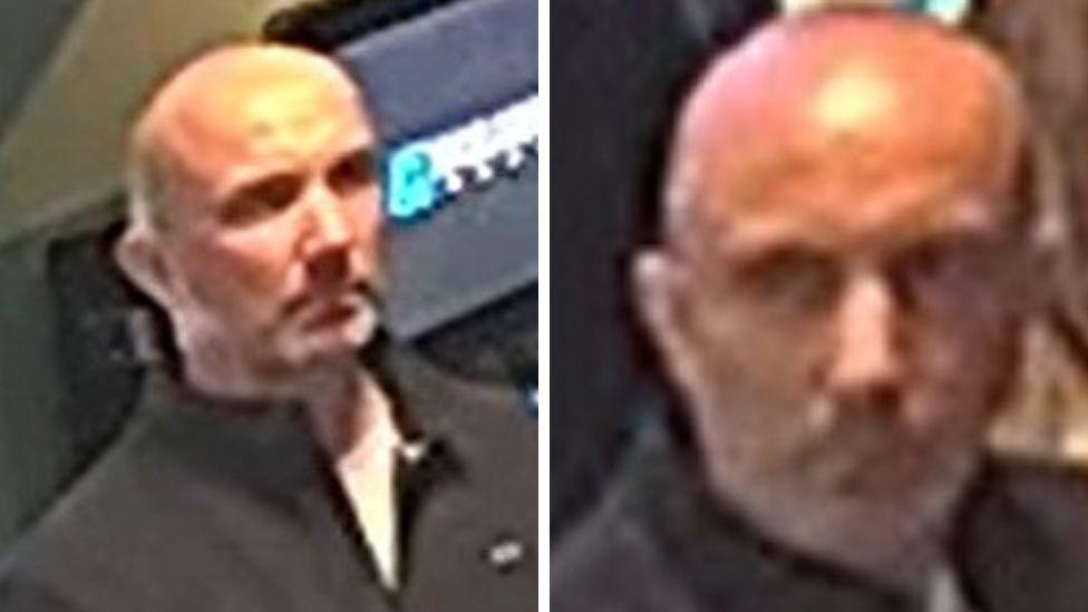Two CCTV stills of a man with a bald head, grey stubble and a black half-zip hoodie. 
