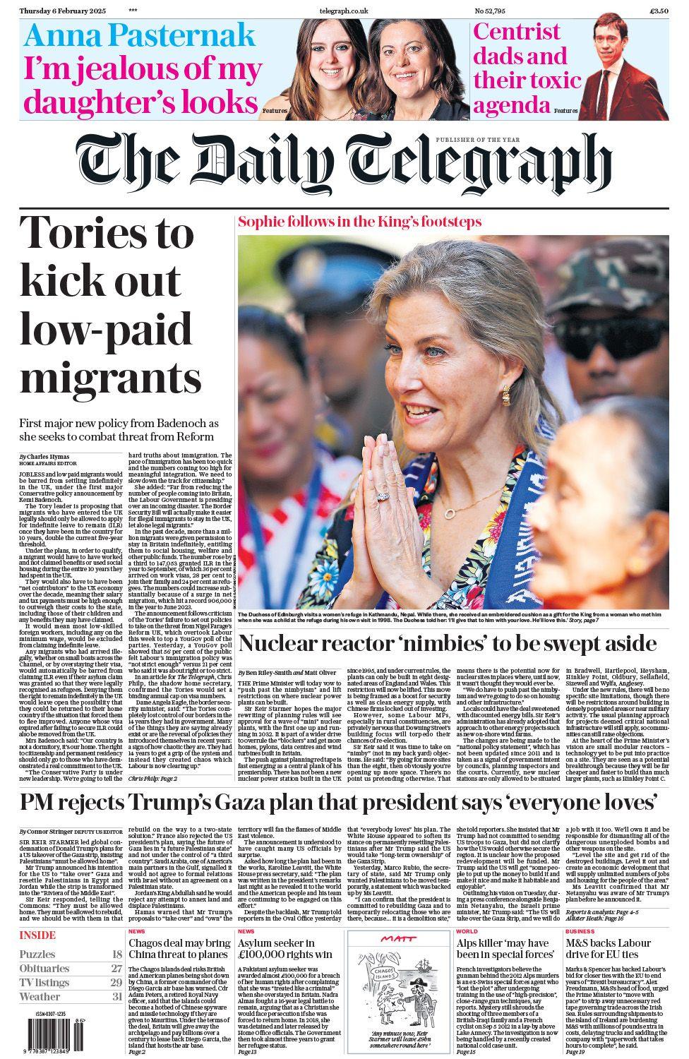 Daily Telegraph front page with the headline Tories to kick out low-paid migrants