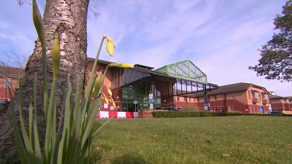 The Royal Devon and Exeter Hospital building from outside. In the bottom of the frame are daffodils. The grass is green. The sky is blue with white clouds. 