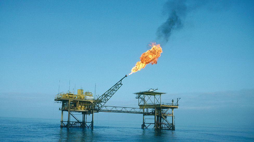 Flames seen flaring on a offshore oil platform Gabon's Port Gentil