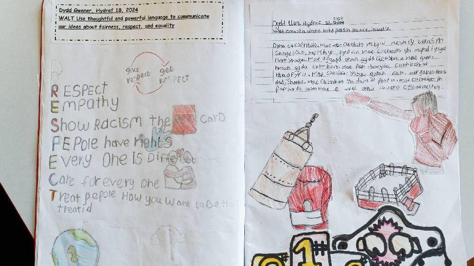 A picture of a child's school book. On the left are messages such as "Respect" "Empathy" and "Show racism the red card", while on the right are drawings of scenes associated with boxing, such as a boxing glove hitting a punch bag and a boxing ring 