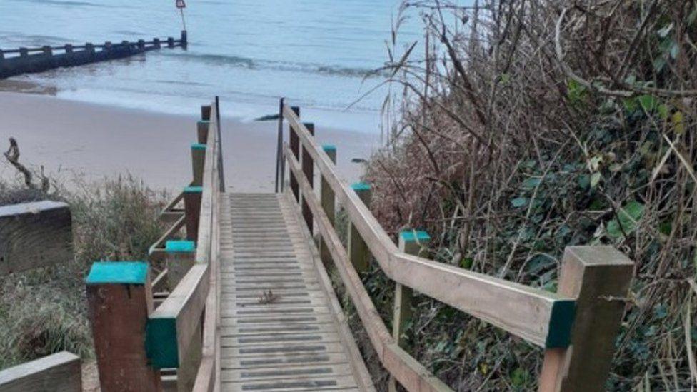 Wooden boardwalk with handrails, shrubs either side and beach, sea and groyne seen off the end. 