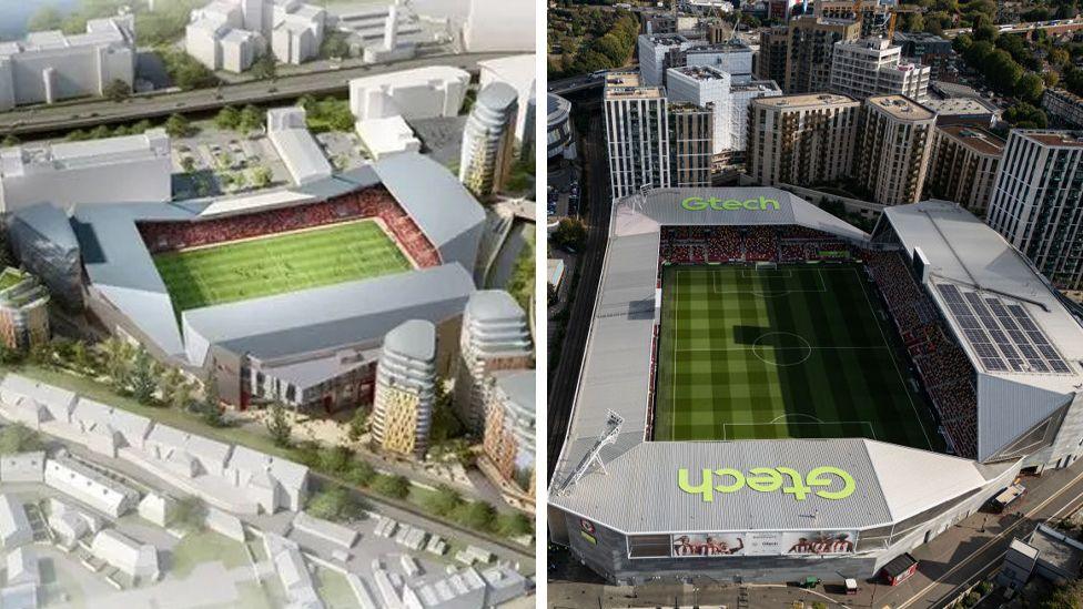 A composite image showing an artist impression of Brentford's new stadium on the left with a picture of the finished building on the right.