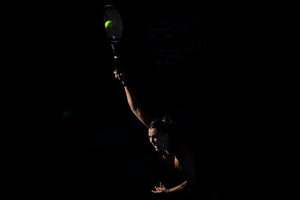 Belarus's Aryna Sabalenka serves during the women's singles match against Madison Keys at the China Open tennis tournament in Beijing on 2 October, 2024. 