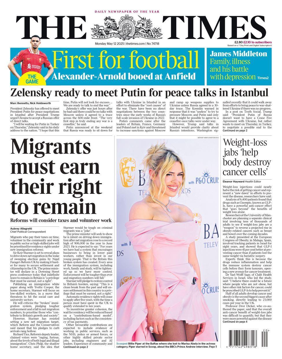 The Times front page on Monday 12 May 2025