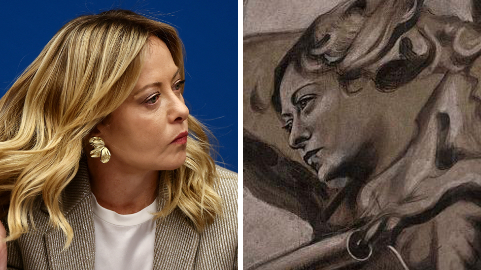 A split image of Giorgia Meloni and a close-up shot of the fresco. Meloni has short blonde hair and wears a large gold earring, a white t-shirt and a striped blazer. The fresco shows a woman's face, resembling Meloni, painted in black and grey.