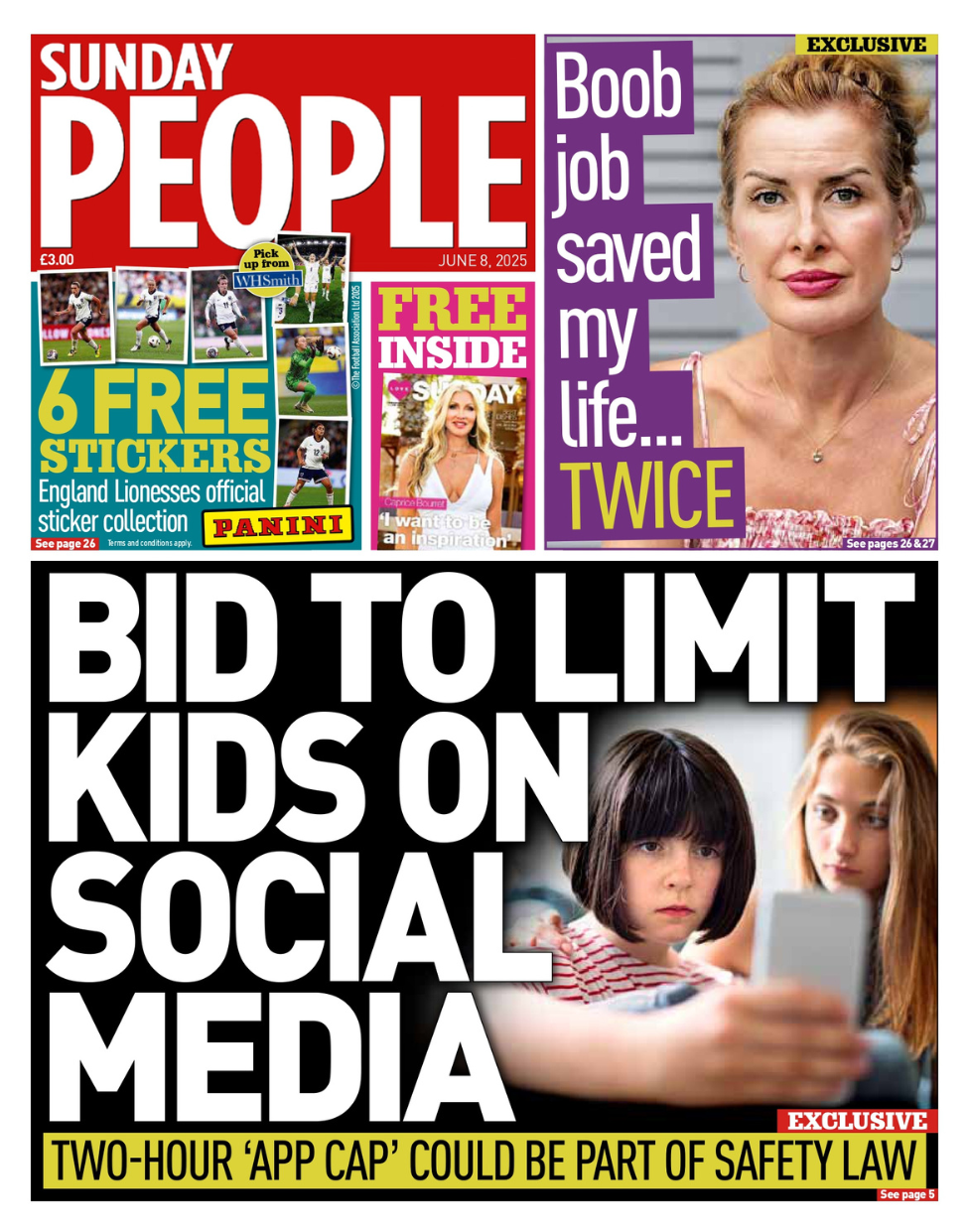 The headline of the front page of the Sunday People reads: "Bid to limit kids on social media"
