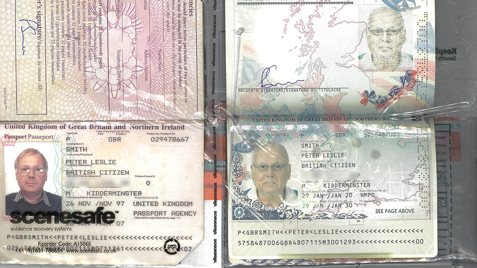 Two passports in evidence bags featuring the name Peter Leslie Smith alongside photos of Burrow. The one on the left was issued in November 1997, while the one on the right was issued on January 2020
