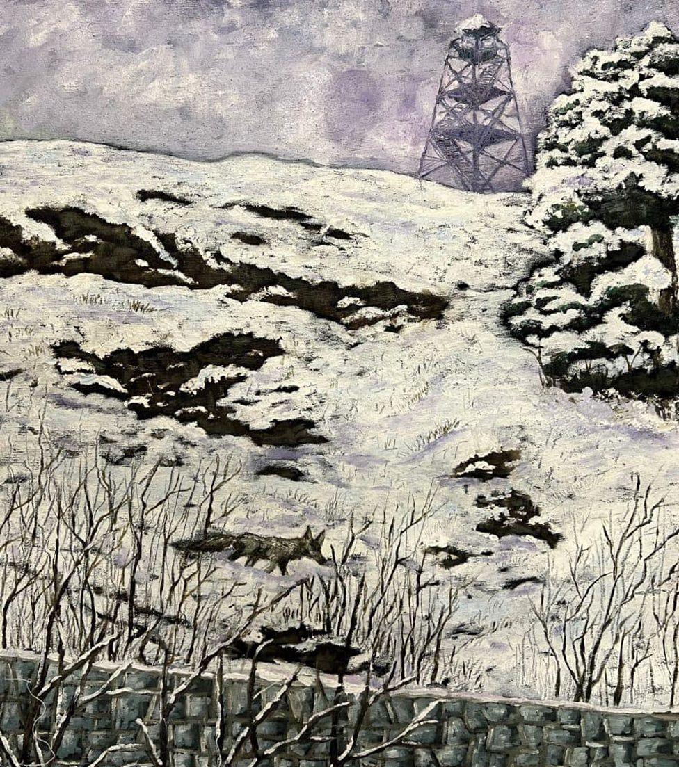 A painting by Vida depicts a snow-covered hill. There is a watchtower in the top right corner and a bit of the prison wall can be seen at bottom of the image. There is a snow-covered fir tree on the right-hand side of the hill, some bare branches at the bottom of the painting and a fox is walking across the hillside.