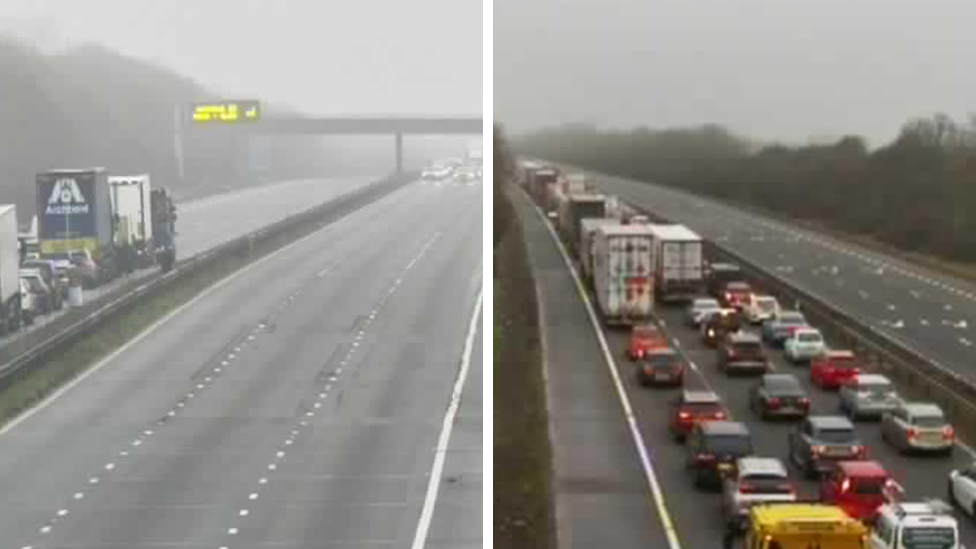 A collage of two images of standstill traffic on the M6 in Warwickshire
