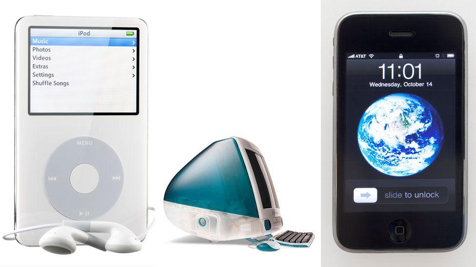 A picture of Apple products designed by Jony Ive and his team - the iPod, the iMac and the iPhone