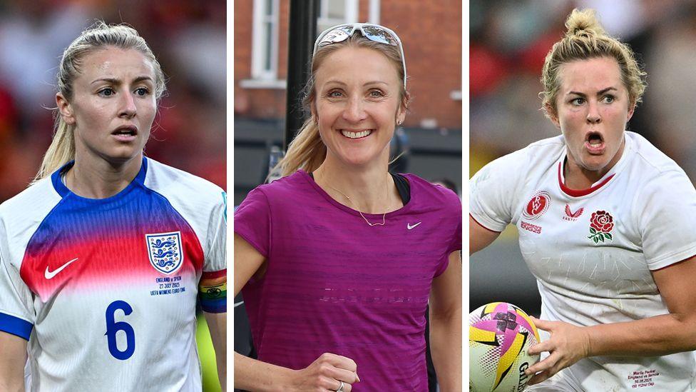 Përbërje e Leah Williamson, Paula Radcliffe dhe Marlie Packer. Williamson është në fushë me uniformën e futbollit të Anglisë - e cila është e bardhë me një shirit blu dhe të kuq në krye dhe stemën e tre luanëve në të majtë. Ajo ka flokë të gjatë bjonde të lidhur bisht kali. Radcliffe ka veshur një bluzë vrapimi vjollcë me një bluzë më të errët të dukshme poshtë. Ajo po i buzëqesh kamerës dhe ka syze dielli në majë të kokës. Ajo ka flokë të gjatë kafe të çelët të lidhur prapa. Packer është e veshur me uniformën e regbit të Anglisë duke vrapuar me topin në duar. Uniforma e bardhë ka një trëndafil të kuq në të majtë të gjoksit. Ajo ka flokë bjonde të lidhur.