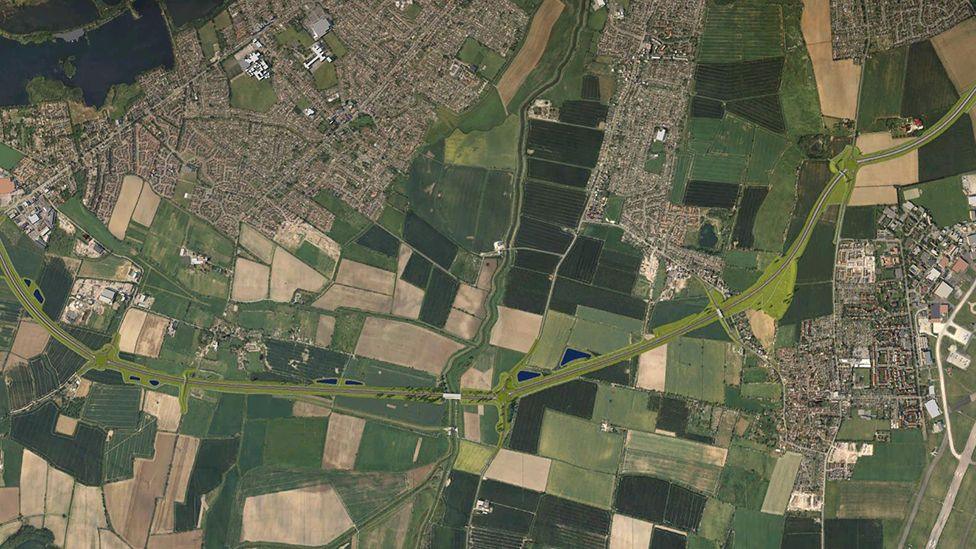 Aerial view of the proposed new road on the south of Lincoln showing it cutting through fields