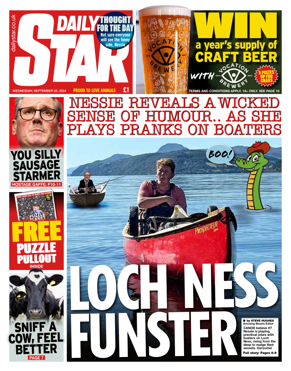 The front page of the Daily Star. The headline reads: 'Nessie reveals a wicked sense of humour..as she plays pranks on boaters'.