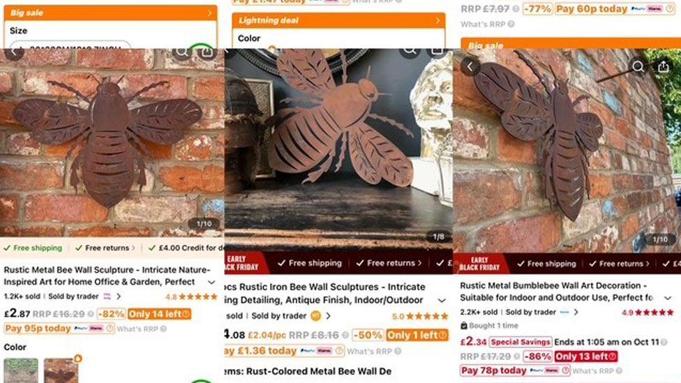 A composite taken by Louise Banham showing three selling sites on Temu. Each one shows a rusty flat bumble bee with wings outspread. The one on the left is against a brick wall, the one in the middle is resting on a sideboard and the one on the right is also attached to a brick wall. Underneath each photograph is information on the object with prices.