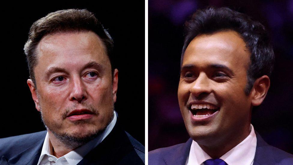 A split composite image of headshots of Elon Musk and Vivek Ramaswamy. They are both wearing suit jackets and white shirts and are shown against dark backgrounds. 