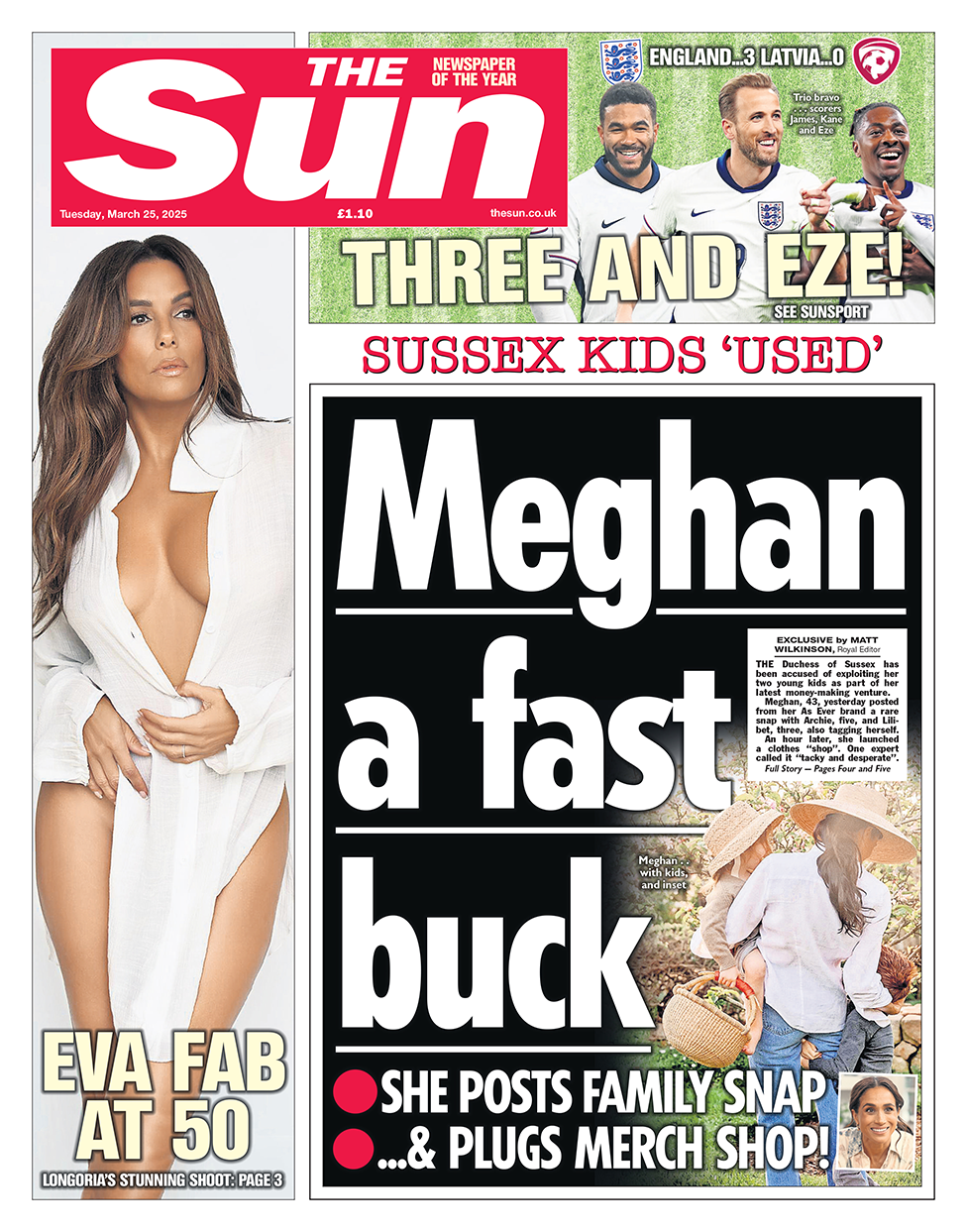 The Sun front page with headline "Meghan a fast buck"