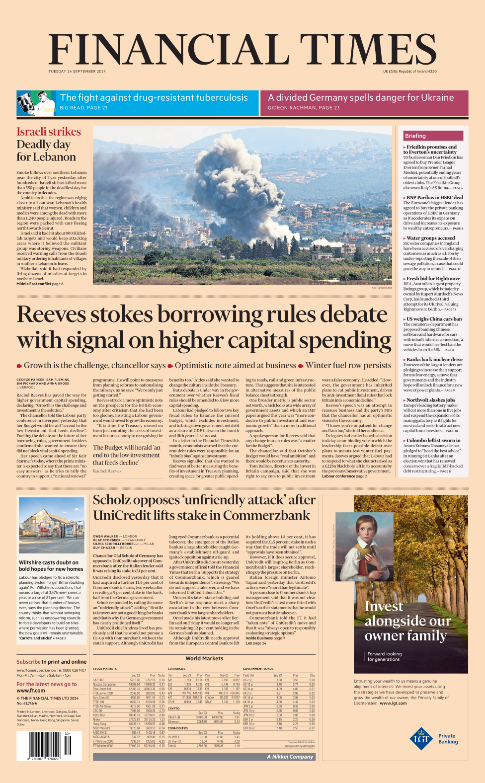 The front page of the Financial Times. The headline reads: 'Reeves stokes borrowing rules debate  with signal on higher capital spending'.