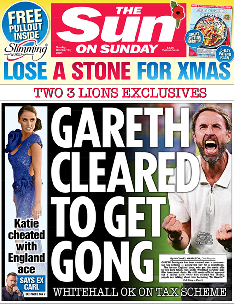 The main headline on the front page of The Sun reads: "Gareth cleared to get gong" 