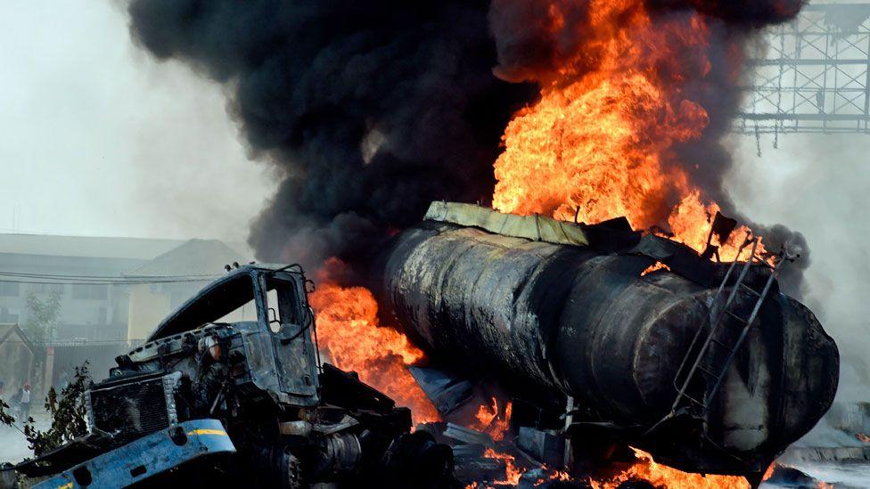 A tanker laden with petrol goes up in flames after overturning on the Lagos-Ibadan expressway in Magboro, Ogun state, Nigeria - 2 December 2020