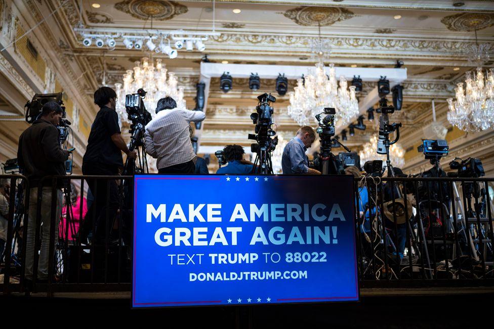 Media set up at Mar-a-Lago, before former president Donald Trump makes an announcement in Palm Beach, Fla., on Tuesday November 15, 2022. 