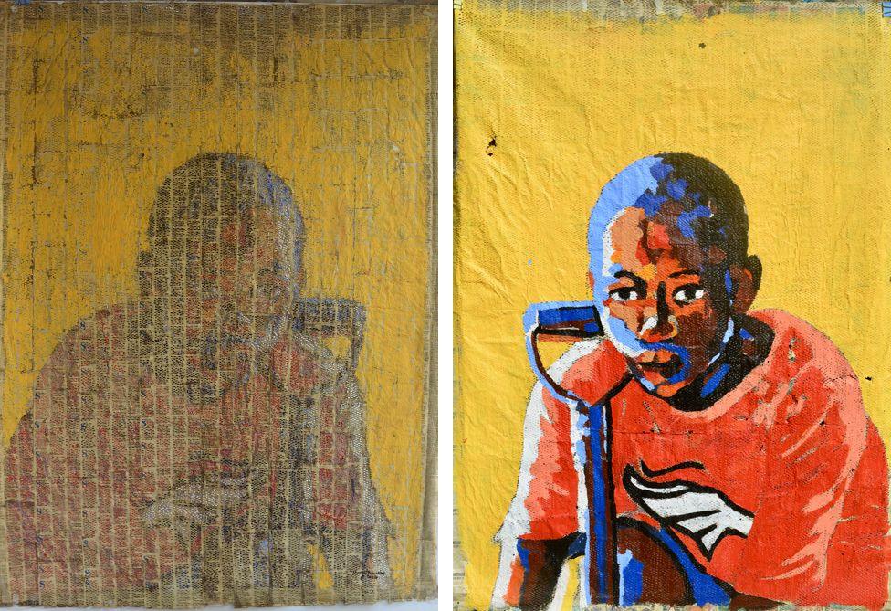 Medium: Acrylic on perforated newspaper. Mirrored paintings of a young boy in an orange T-shirt sitting who leans over his knee on which is propped his shovel. The background is yellow.