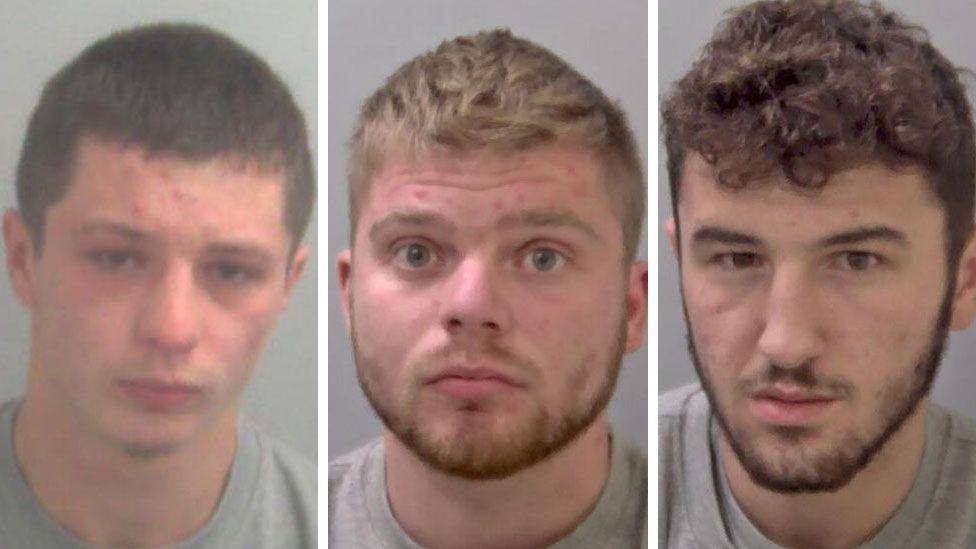 A composite image of the custody images of Harrison Carpenter, Joseph Dawe and Zack O'Keeffe. Carpenter has short black hair and looks sad. Dawe has fair hair and a beard and looks wide-eyed. O'Keeffe has a curly brown fringe and a slight beard. All three are wearing grey sweaters.