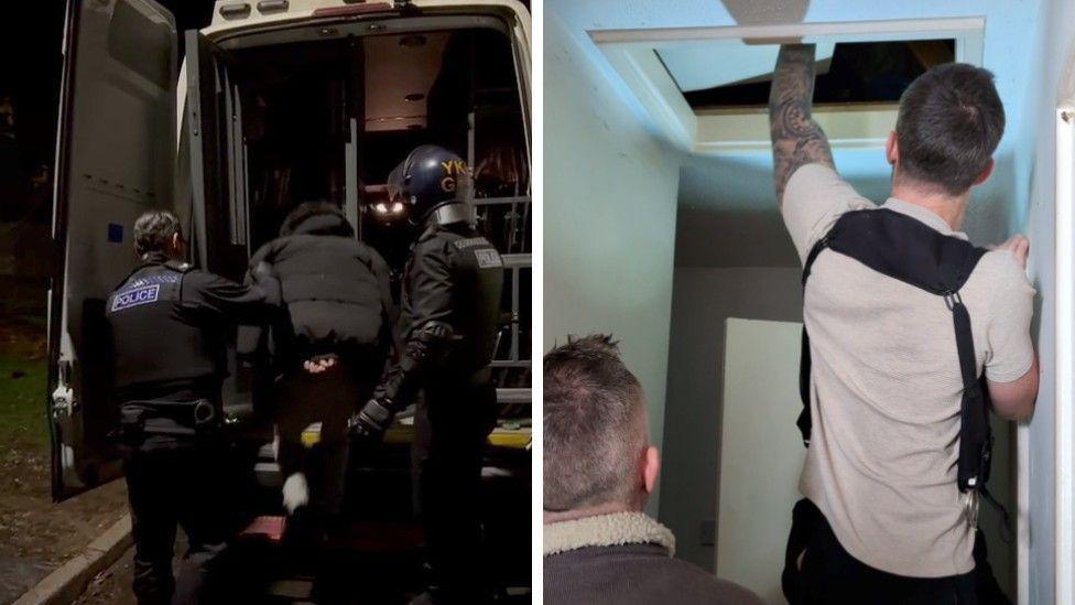 A composite of two images - the left shows two police officers escorting a man into the back of a van. The right shows an officer pushing open a loft door as they search the property.