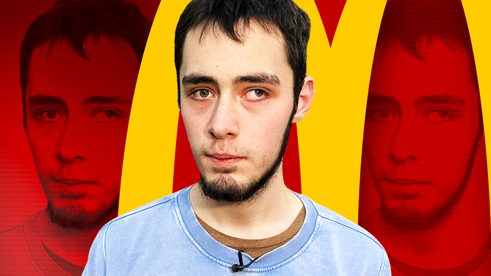 A picture of former McDonald's worker Matt, against a backdrop of a McDonald's logo