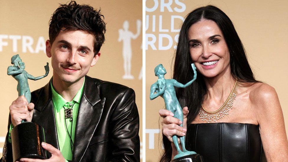 A composite image of Timothee Chalamet and Demi Moore posing with their SAG award statues at the 31st Screen Actors Guild Awards held at Shrine Auditorium and Expo Hall on February 23, 2025 in Los Angeles, California, US