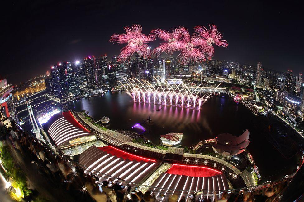 Fireworks light up the sky to usher in the new year on January 01, 2025 in Singapore, Singapore.