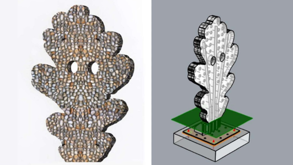 A computer generated image showing a side by side of what the installations will look like. The image on the left shows an irregular leaf shape, rendered with brown, orange, and white flintstones. On the right it shows how the sculpture will be secured into the ground, with a concrete stand sitting below the ground surface.