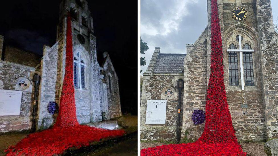A composite image showing the Holy Trinity Church in Tresillian. On the left is a night time view of the poppy display, which is seen draping from the bell tower. On the right is a day view showing the poppies in vivid red on a cloudy day.
