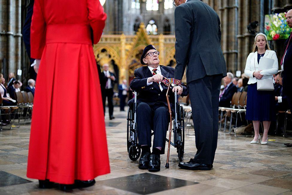 Veteran Ken Hay arrives for a Service of Thanksgiving at Westminster Abbey in London on the 80th anniversary of VE Day on May 8, 2025 in London, England.