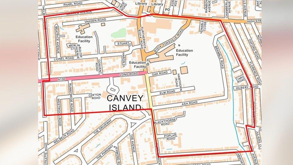 Map of Canvey Island with a red line marking the zone of the dispersal order.