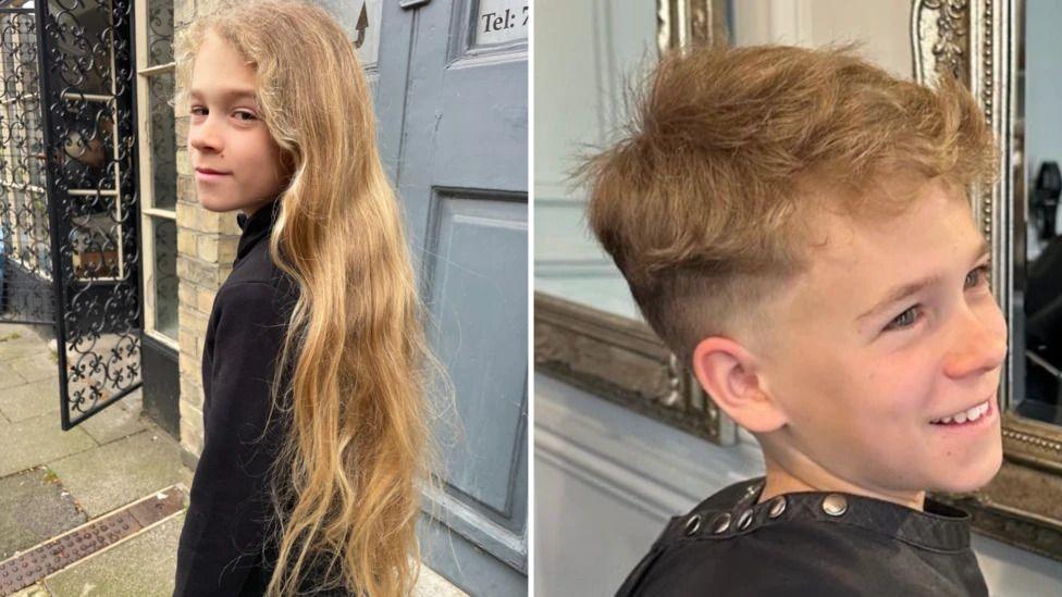 blonde boy on left with long hair, and on the right he same boy after having had a haircut.