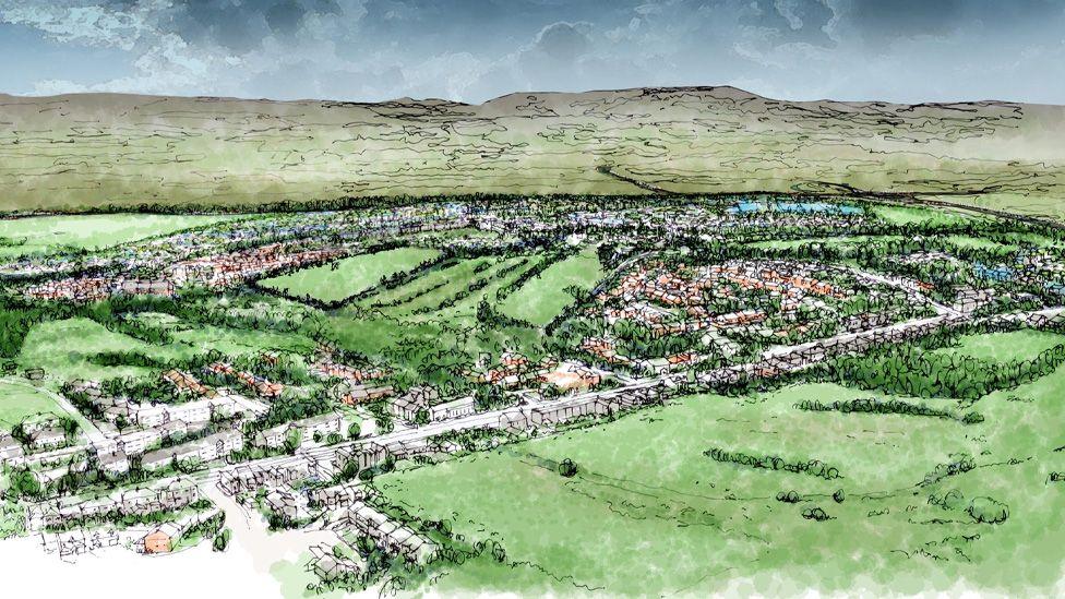 Artist impression of how the site could look. It is a watercolour sketch showing a main road through a housing estate surrounded by hills and fields