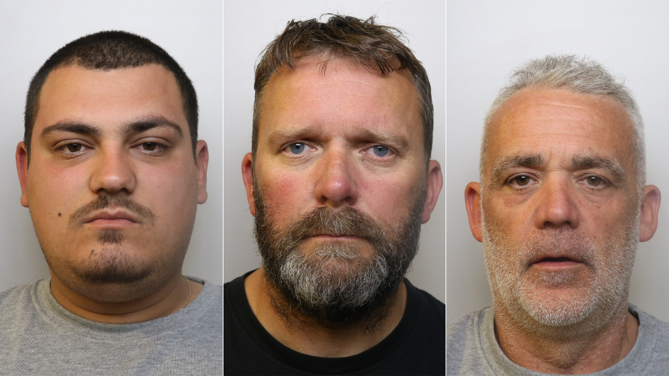 Police custody images of Anestis Tsepa, Raymond Nuttall and Craig Nuttall. Tsepa has close cropped dark hair, dark facial hair and wears a grey prison tracksuit. Raymond Nuttall has short brown hair, a brown beard and wears a black tee-shirt. Craig Nuttall has short grey hair, grey stubble and wears a grey prison tracksuit. 