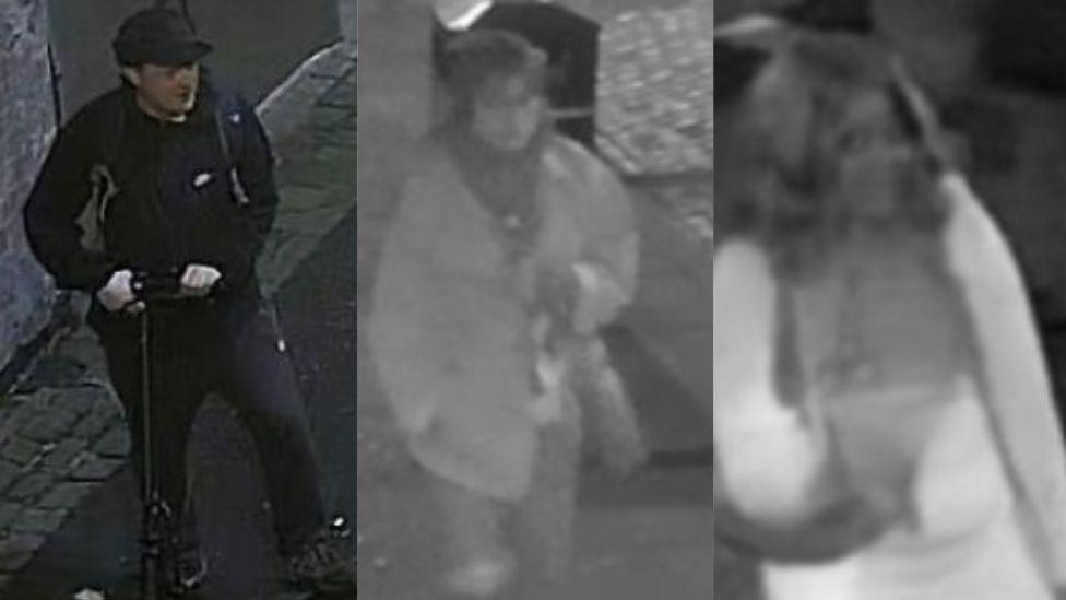 Side-by-side CCTV images of three people. On the left is a young man wearing a baseball cap and holding a scooter. He is dressed all in the black. The other two images are grainy and both feature women, both of whom appear to be wearing coats.