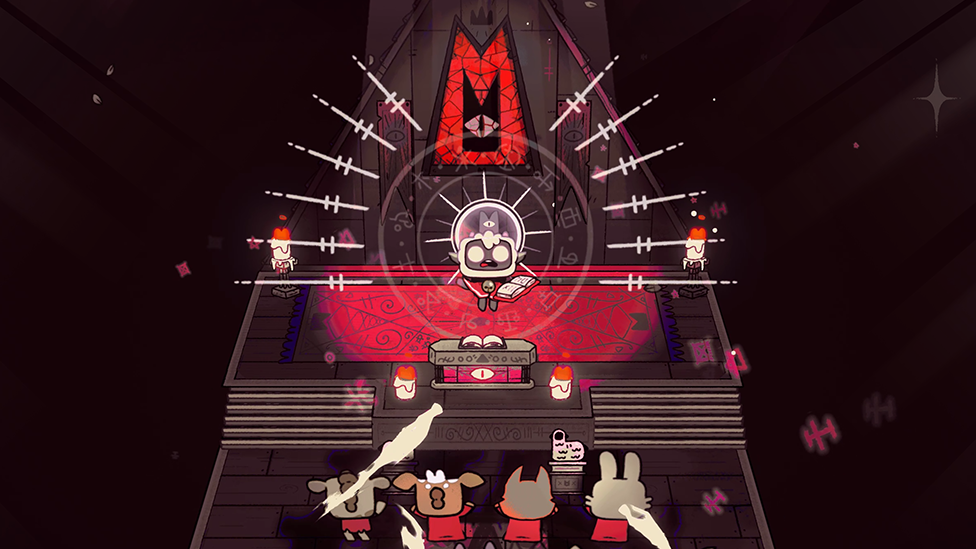 A screenshot shows a ceremony sequence. A cartoon lamb with exaggerated features stands behind an altar against a backdrop of two candles and a large design featuring a menacing eyeball at the centre. In the foreground rows of other cartoon animals look on with their limbs raised up in apparent worship.