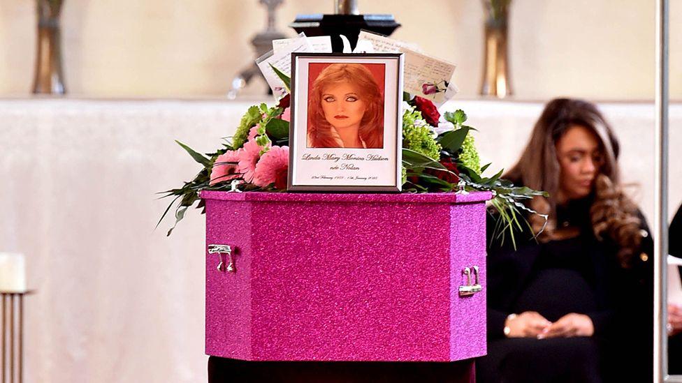 The pink sparkly coffin inside St Paul's Church in Blackpool for the funeral of Linda Nolan