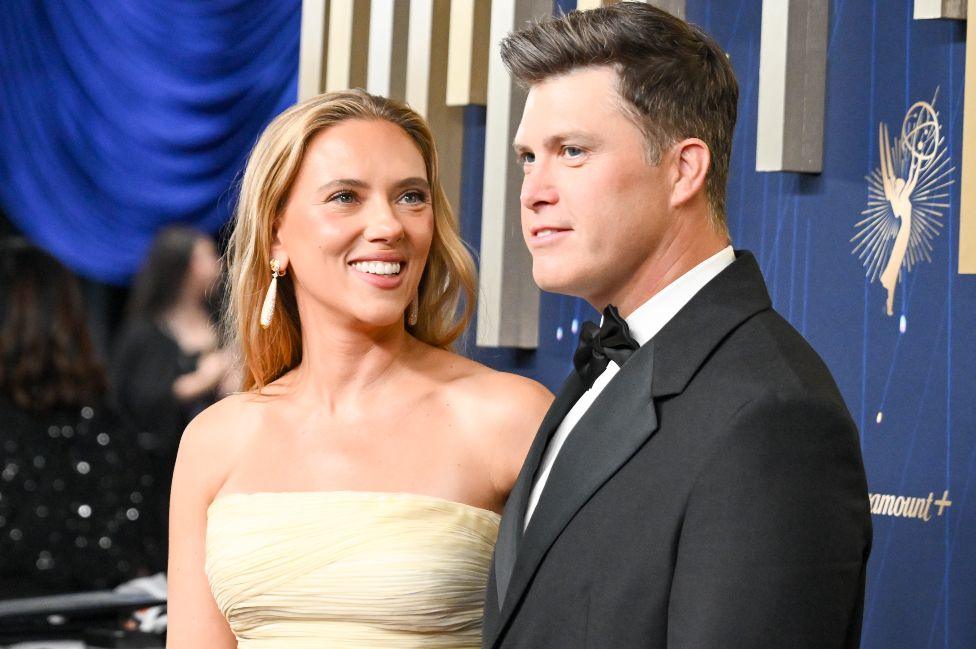 Scarlett Johansson, Colin Jost at the 77th Primetime Emmy Awards held at the Peacock Theater on September 14, 2025 in Los Angeles, California