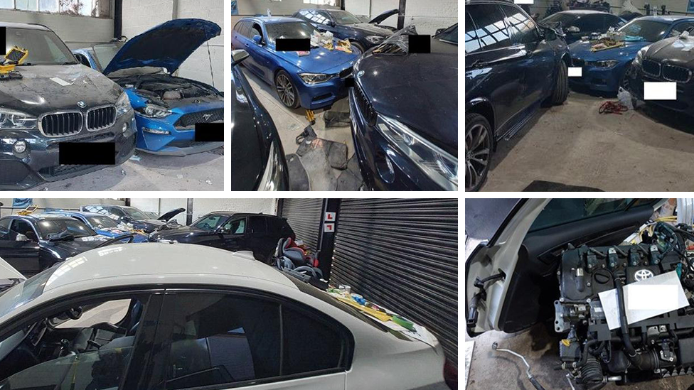 Composite image of several high-end cars, including BMWs, Mustangs and Range Rovers in various states of disrepair in a garage